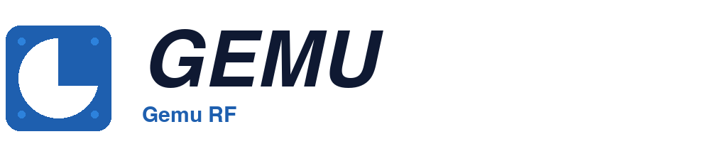 GEMU RF — V3 wholesale RF remote control logo, blue square G mark + italic GEMU wordmark + Gemu RF tagline