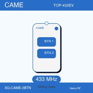 CAME TOP-432EV compatible 2-button sliding gate remote — 433 MHz aftermarket replacement by Gemu RF, Shenzhen factory direct, MOQ 500 pcs.
