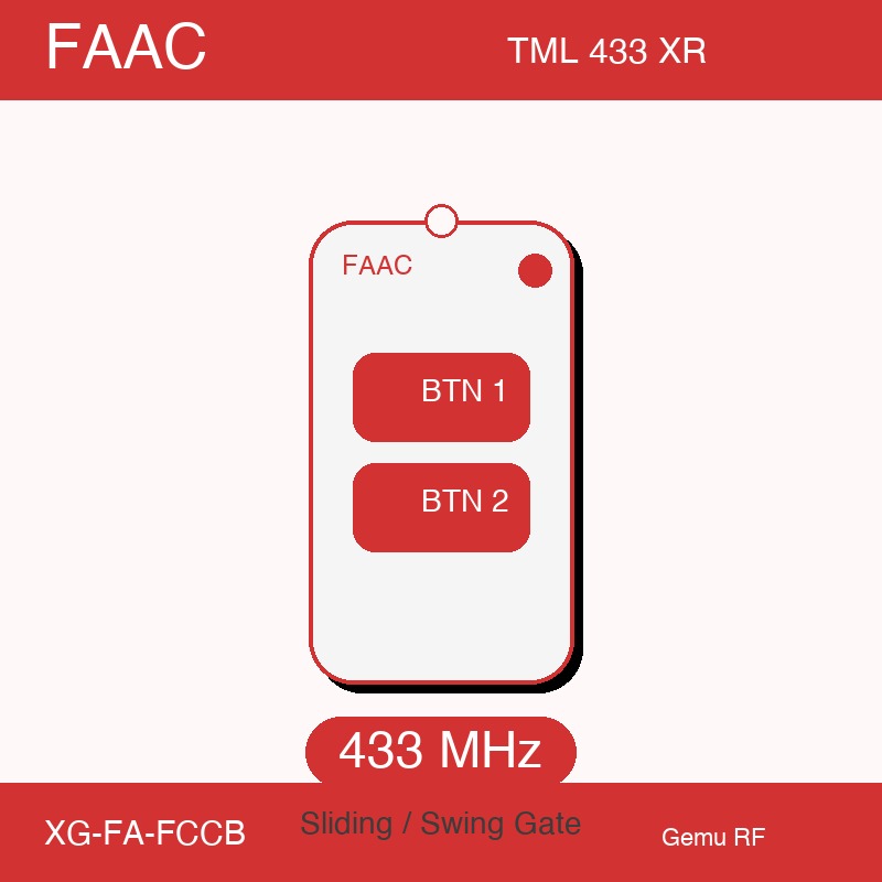 Compatible with FAAC TML 433 XR — 433 MHz sliding/swing gate remote by Gemu RF