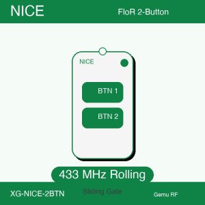 NICE FloR 2-button compatible sliding gate remote — 433 MHz rolling-code aftermarket replacement by Gemu RF, Shenzhen factory direct, MOQ 500 pcs.