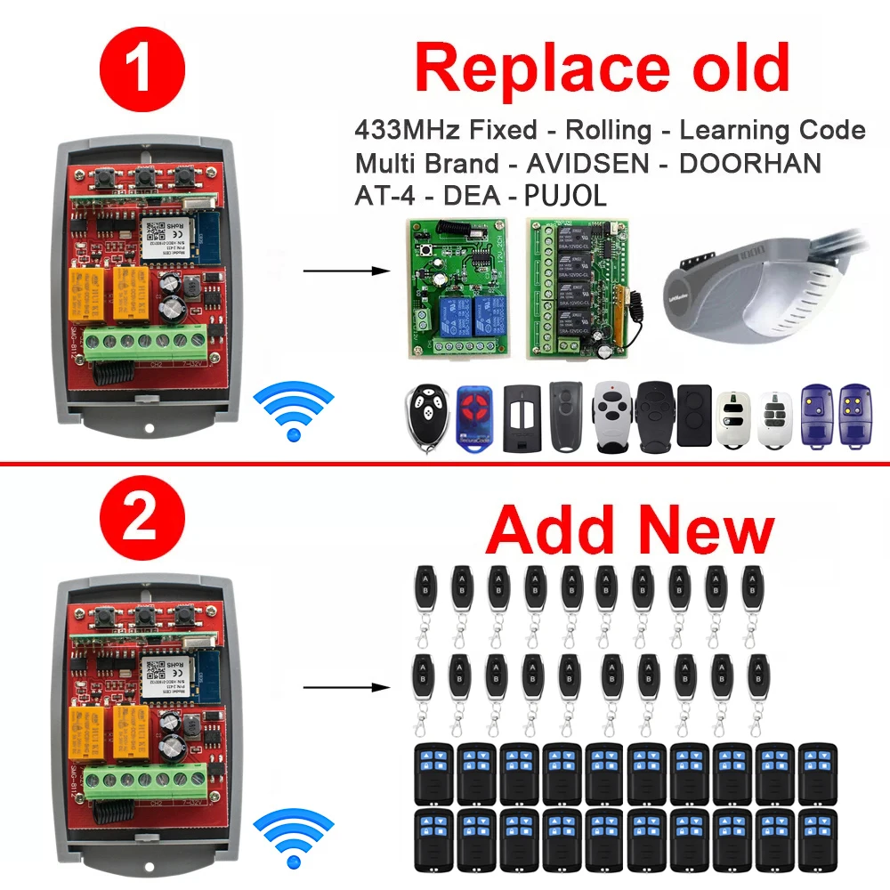 RF Mando WIFI Garage Door Opener Gate Receiver 2CH 433mhz Universal F - Image 3