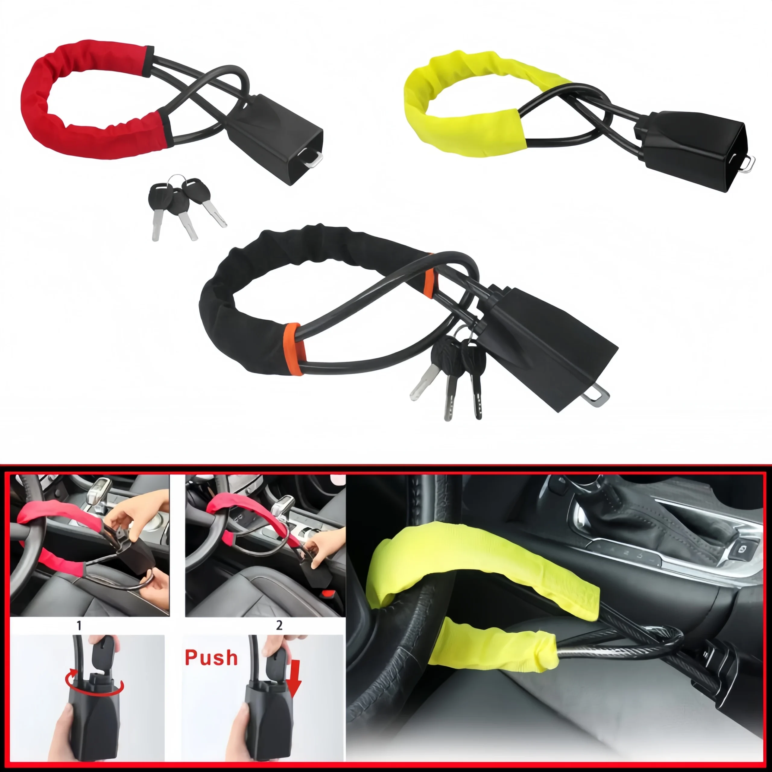 RF Mando Car Steering Wheel Lock Anti-theft Steel Cable Security Devi