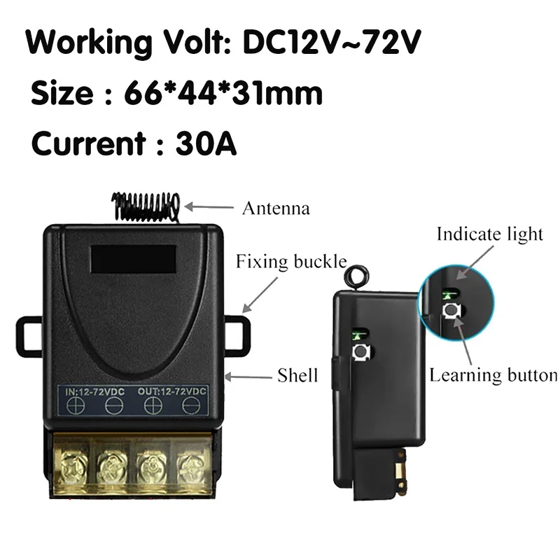 RF Mando 433Mhz DC 12V 24V 36V 48V 30A Relay Wireless Remote Control - Image 7