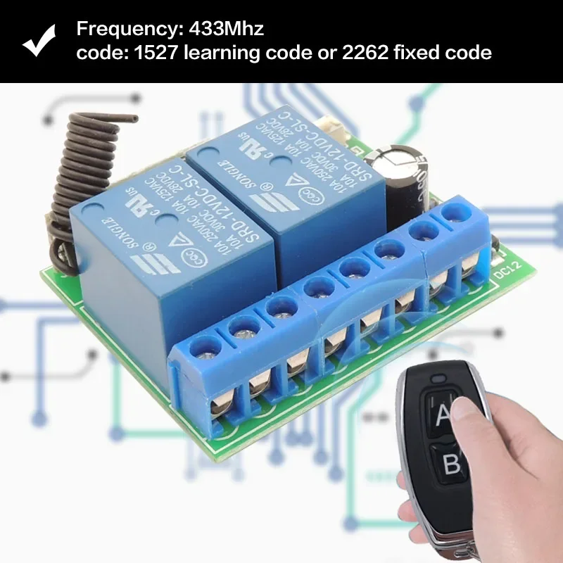 433MHz Universal Wireless Remote Control DC 12V 2CH RF Relay Receiver and Transmitter for Universal Garage Door and Gate Control - Image 3