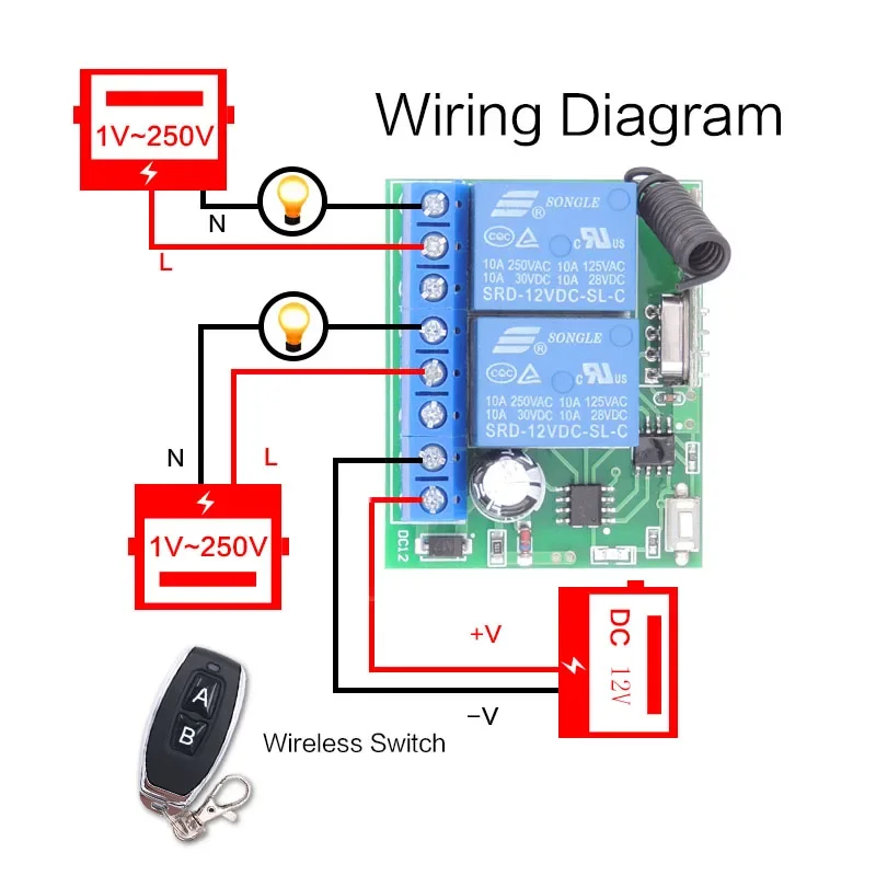 433MHz Universal Wireless Remote Control DC 12V 2CH RF Relay Receiver and Transmitter for Universal Garage Door and Gate Control - Image 6