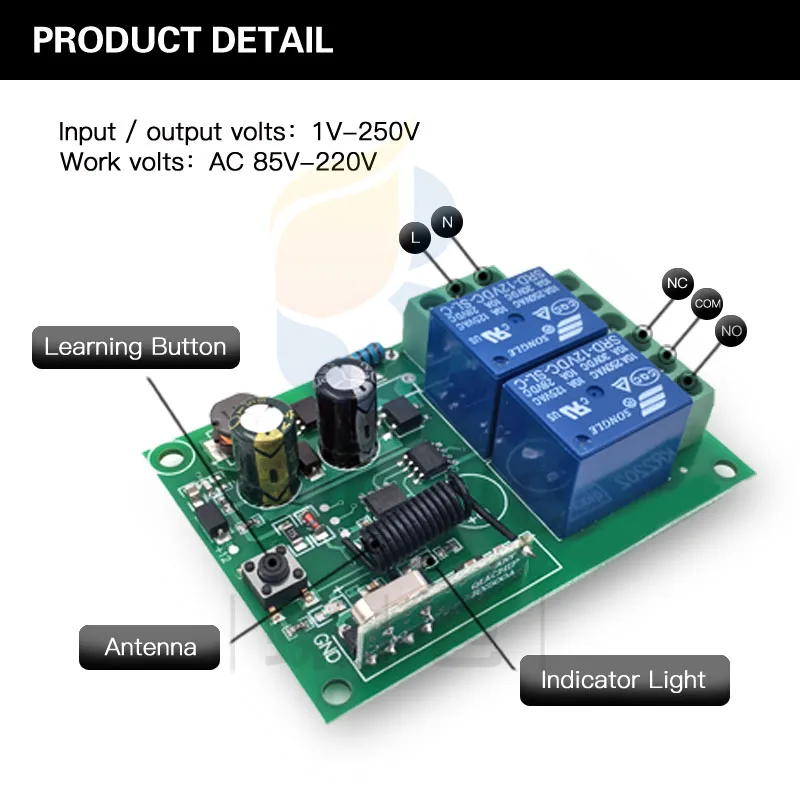 433MHz Universal Wireless Remote Control AC220V 2CH RF Relay Receiver and Transmitter for Universal Garage Door and Gate Control - Image 4