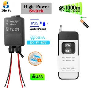 433MHz High Power Switch IP65 WaterProof RF Wireless Remote Control Switch Transmit 1000M DC 12V 24V 36V for Water Pump Lamp Fan