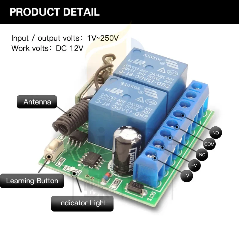 433MHz Universal Wireless Remote Control DC 12V 2CH RF Relay Receiver and Transmitter for Universal Garage Door and Gate Control - Image 5