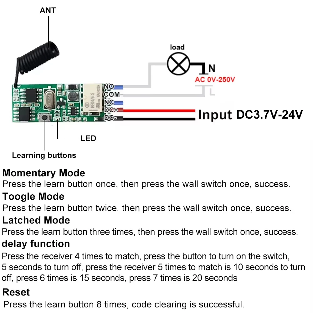 433MHz Dry Contact Wireless Remote Control Switch 1 CH RF Relay Receiver LED Light Controller DIY Kit DC 5V 12V 24V 433.92MHz - Image 4