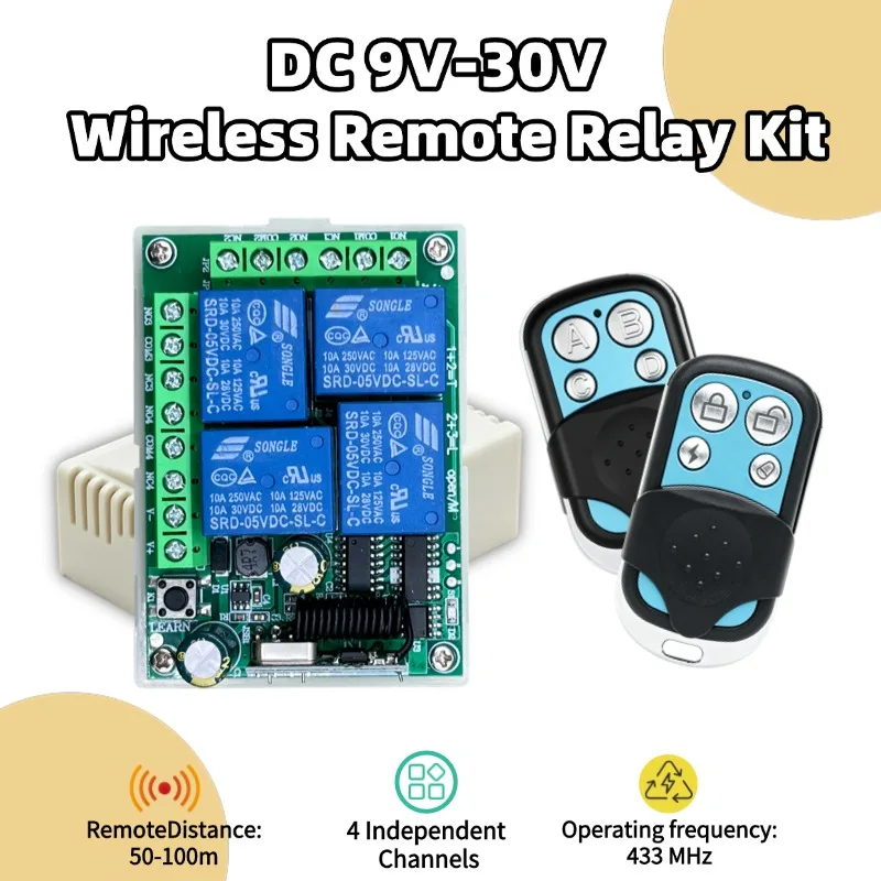 433Mhz Universal Wireless Remote Control Switch DC12V 4CH Relay Receiver Module and 4-Channel RF 433 Mhz Transmitter For Light/